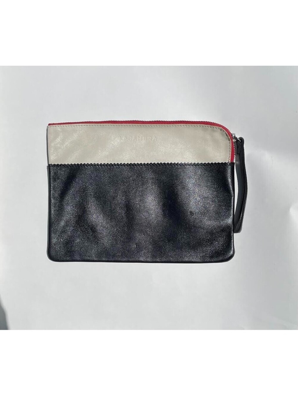 LACAMBRA Leather Wristlet Clutch Black Cream Red Zip Made in Spain Minimalist Ba